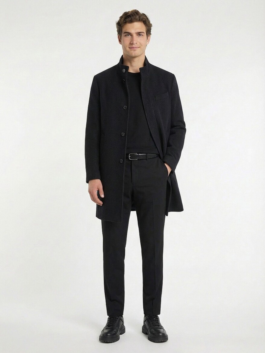 Navy Blue Regular Fit Butterfly Collar Classical Weaving Overcoat - 1