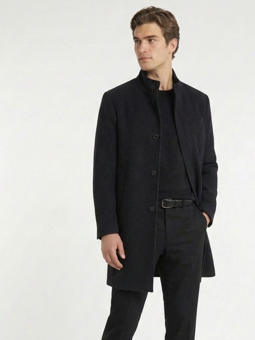 Navy Blue Regular Fit Butterfly Collar Classical Weaving Overcoat - 2