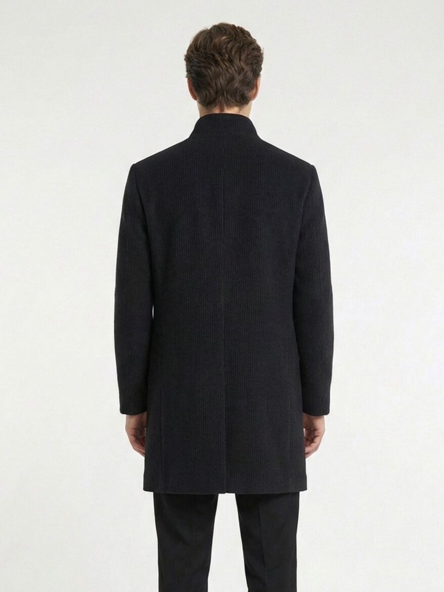 Navy Blue Regular Fit Butterfly Collar Classical Weaving Overcoat - 5
