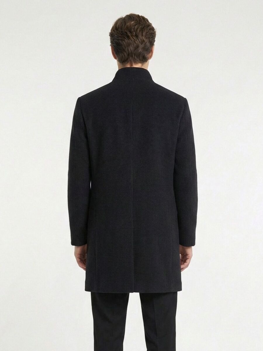 Navy Blue Regular Fit Butterfly Collar Classical Weaving Overcoat - 5