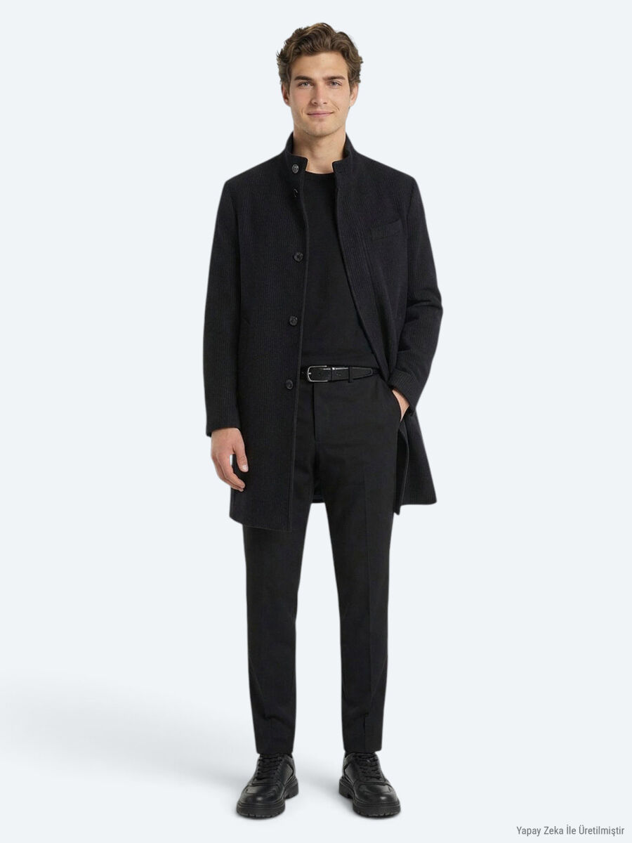Navy Blue Regular Fit Butterfly Collar Classical Weaving Overcoat - 1