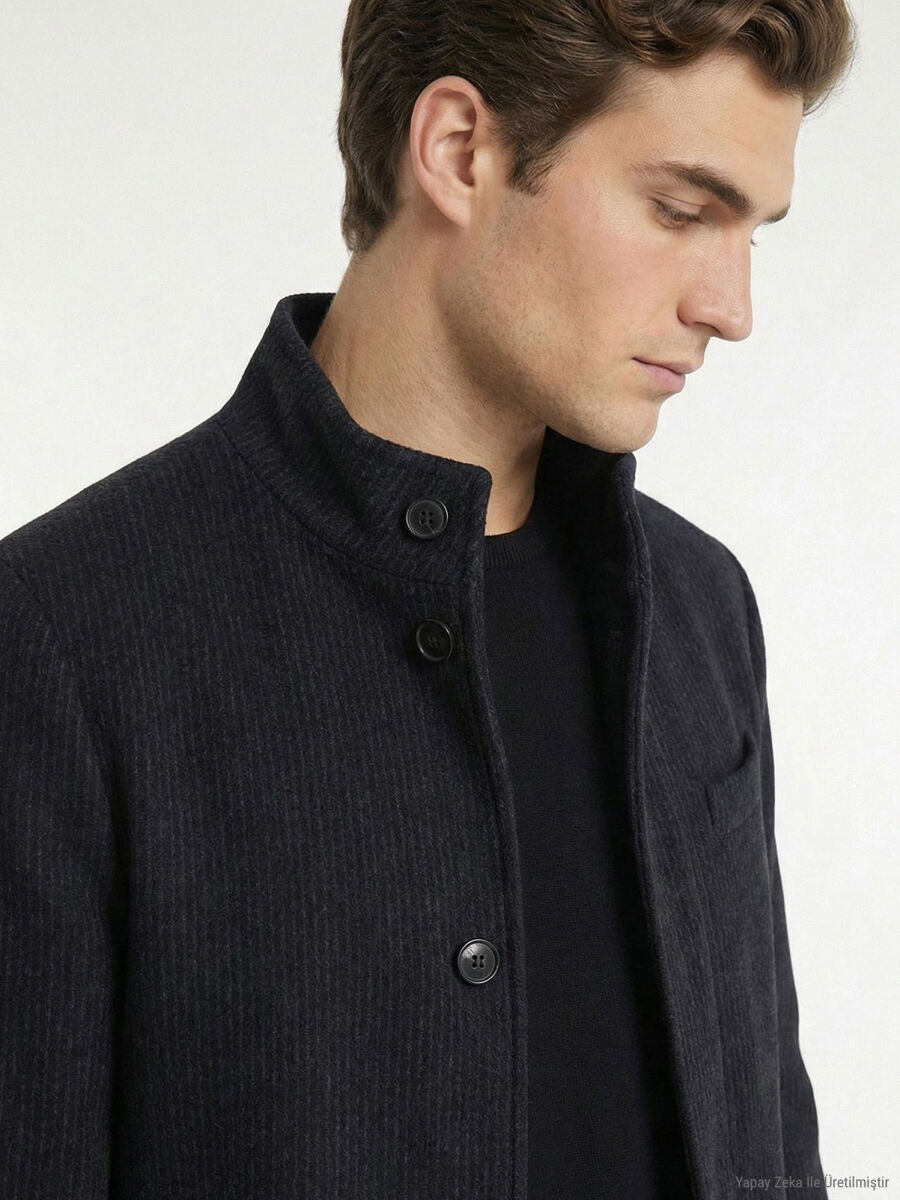 Navy Blue Regular Fit Butterfly Collar Classical Weaving Overcoat - 4