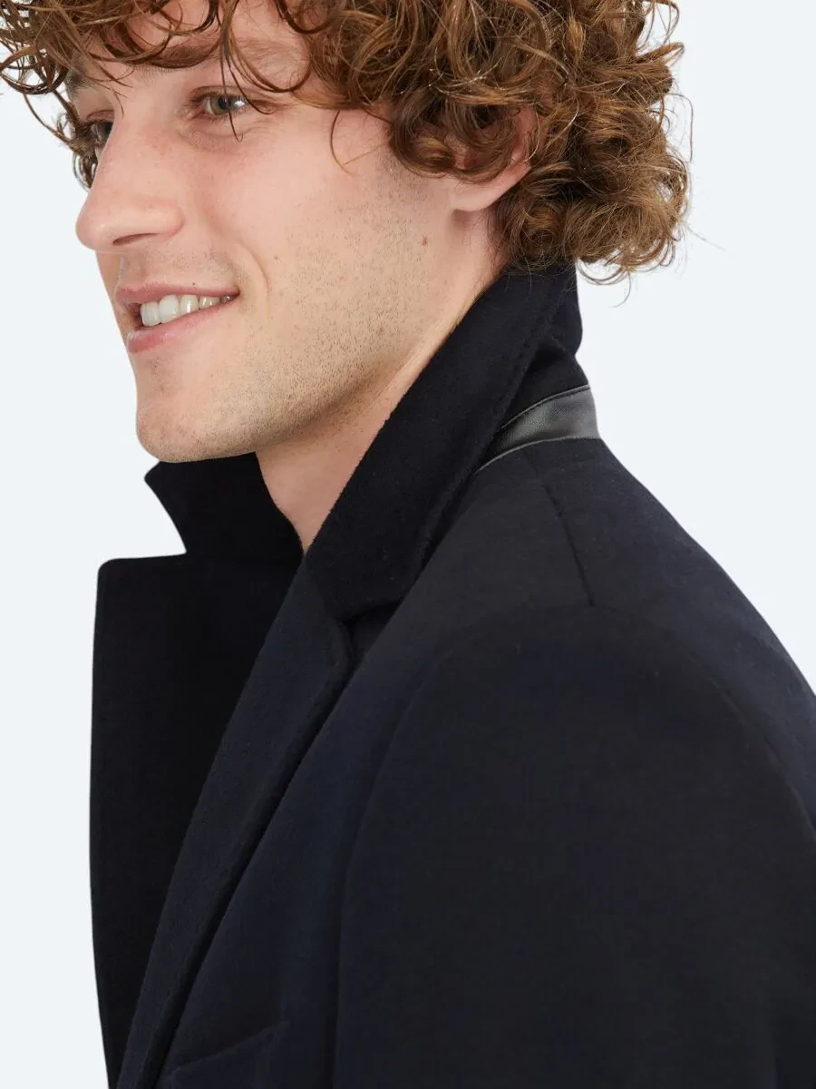 Navy Blue Regular Fit Butterfly Collar Classical Weaving Overcoat - 5