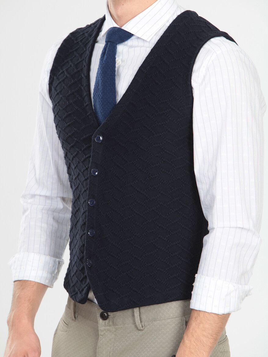 Navy Blue Regular Fit Casual Knitting Knit Vest - 4