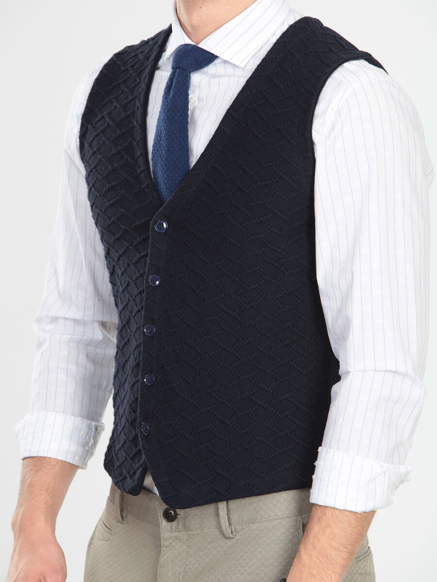 Navy Blue Regular Fit Casual Knitting Knit Vest - 4