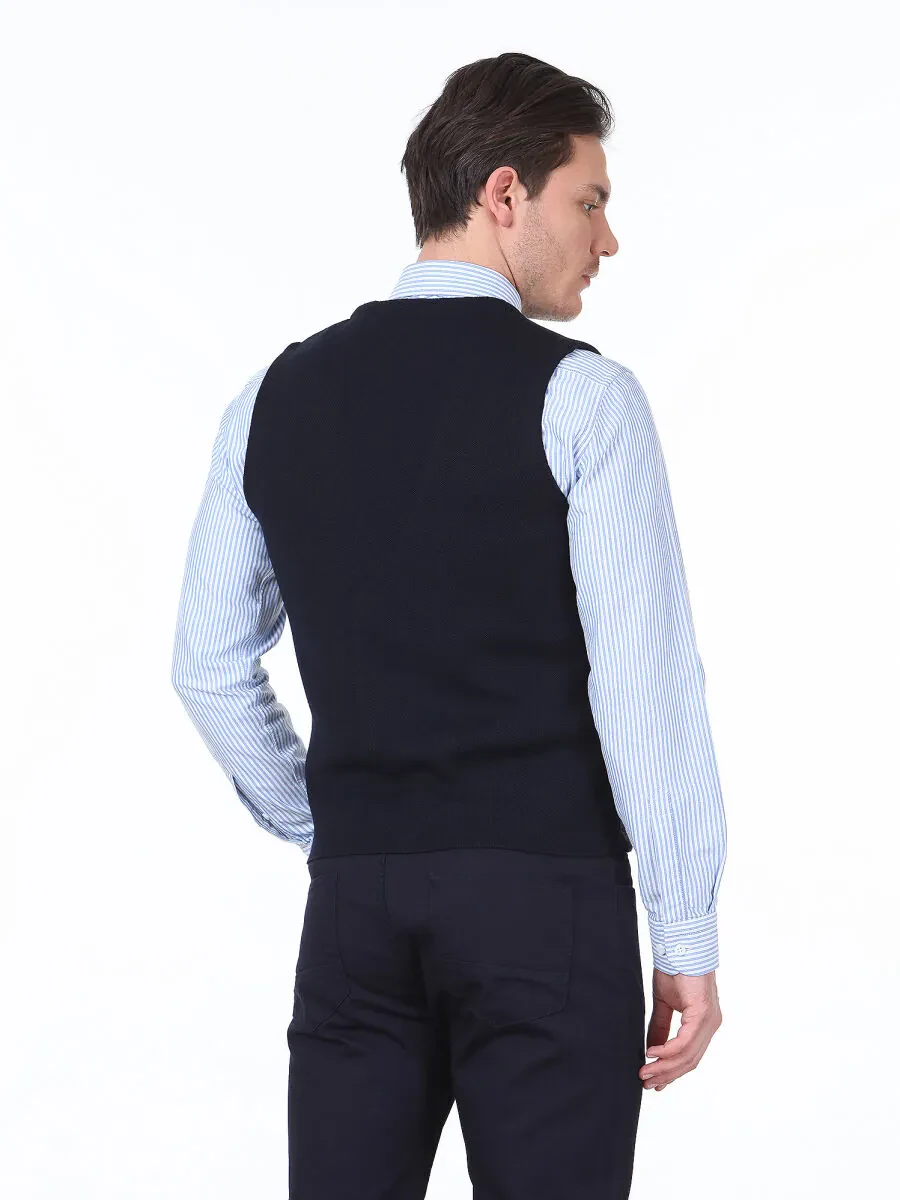Navy Blue Regular Fit Casual Knitting Knit Vest - 4