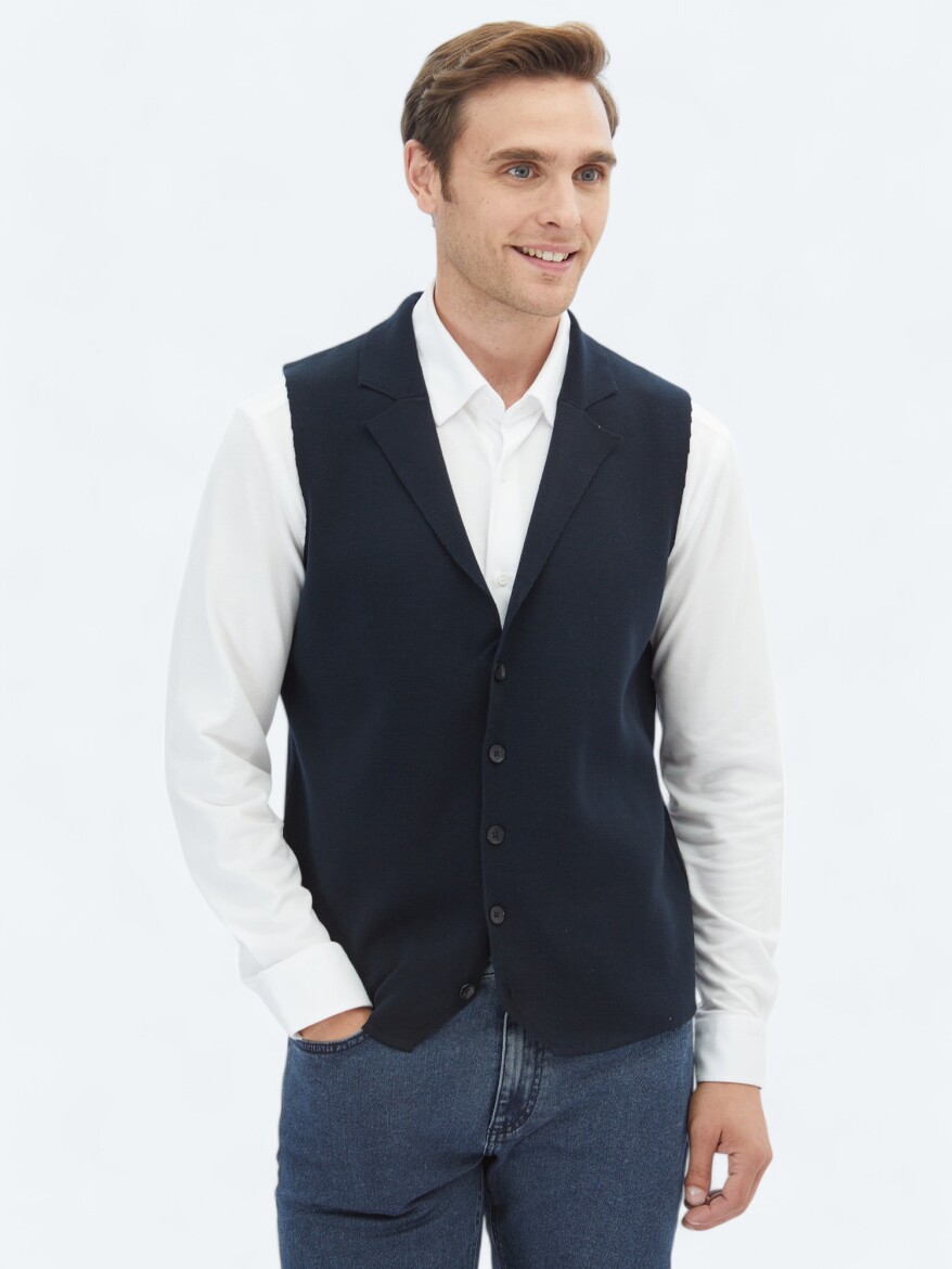 Navy Blue Regular Fit Casual Knitting Knit Vest - 1