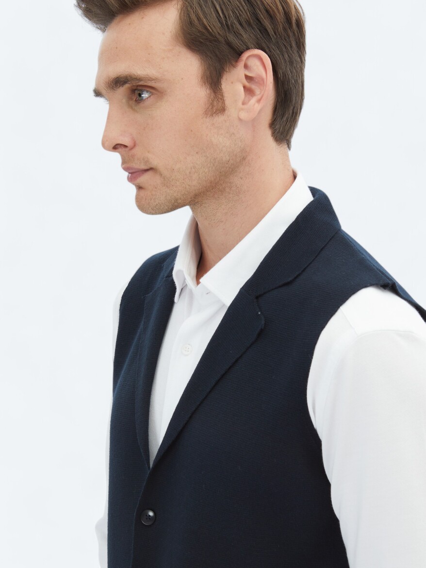 Navy Blue Regular Fit Casual Knitting Knit Vest - 3