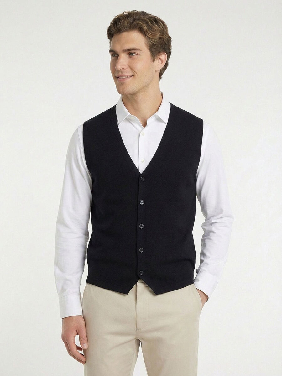 Navy Blue Regular Fit Casual Knitting Knit Vest - 3