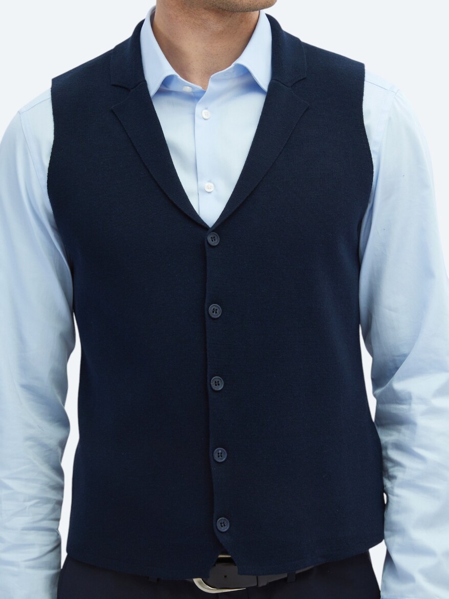 Navy Blue Regular Fit Casual Knitting Knit Vest - 3