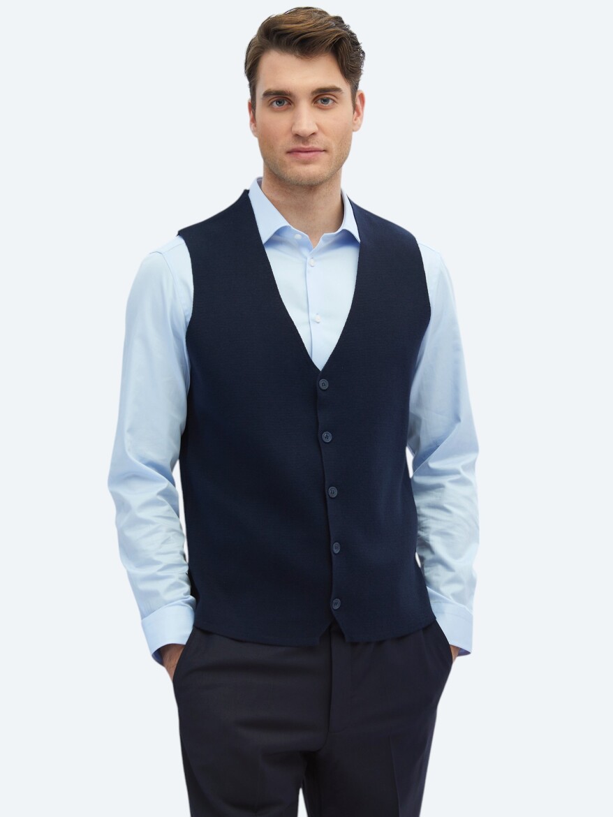 Navy Blue Regular Fit Casual Knitting Knit Vest - 2