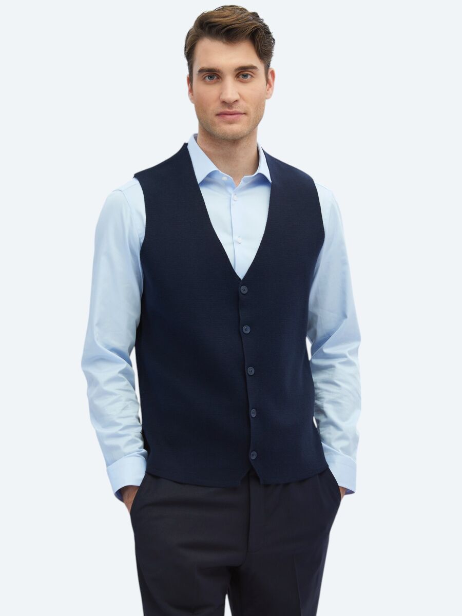 Navy Blue Regular Fit Casual Knitting Knit Vest - 2