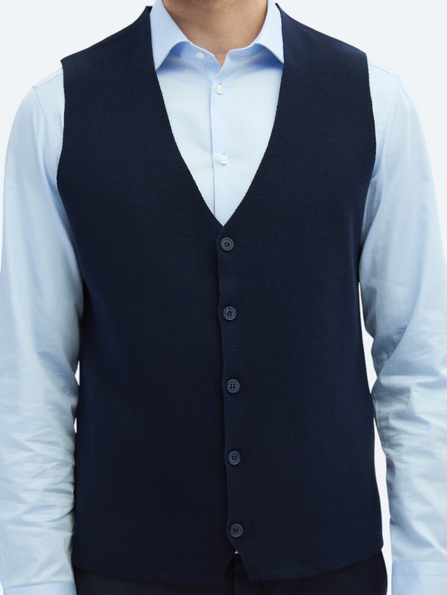 Navy Blue Regular Fit Casual Knitting Knit Vest - 4