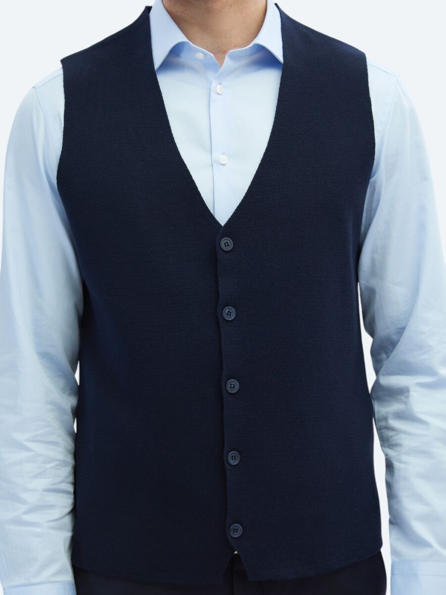 Navy Blue Regular Fit Casual Knitting Knit Vest - 4