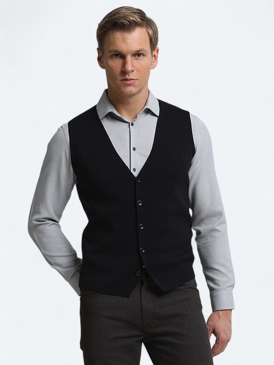 Navy Blue Regular Fit Casual Knitting Knit Vest - 1