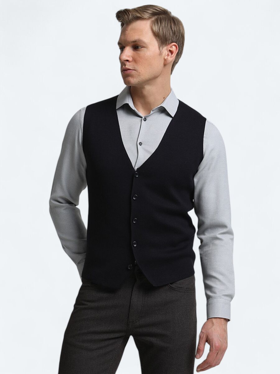 Navy Blue Regular Fit Casual Knitting Knit Vest - 2