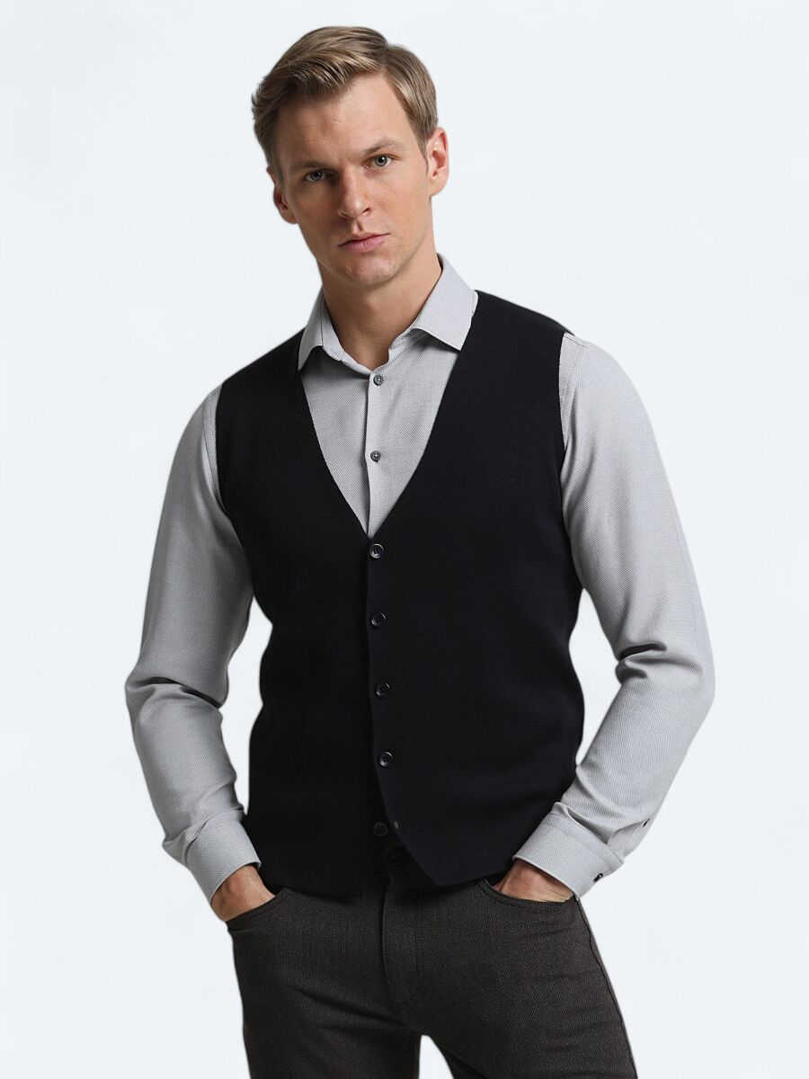 Navy Blue Regular Fit Casual Knitting Knit Vest - 3