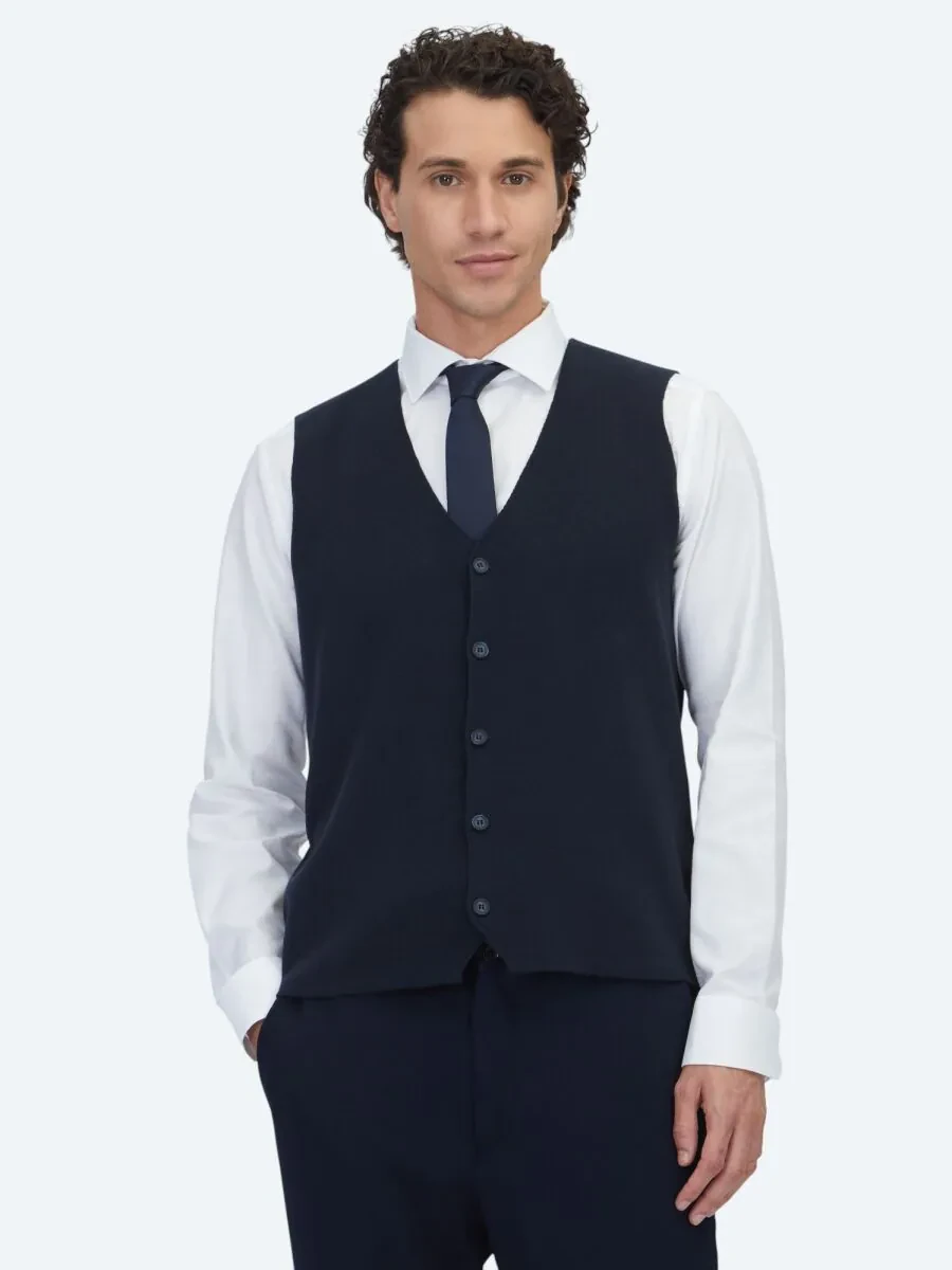 Navy Blue Regular Fit Casual Knitting Knit Vest - 1