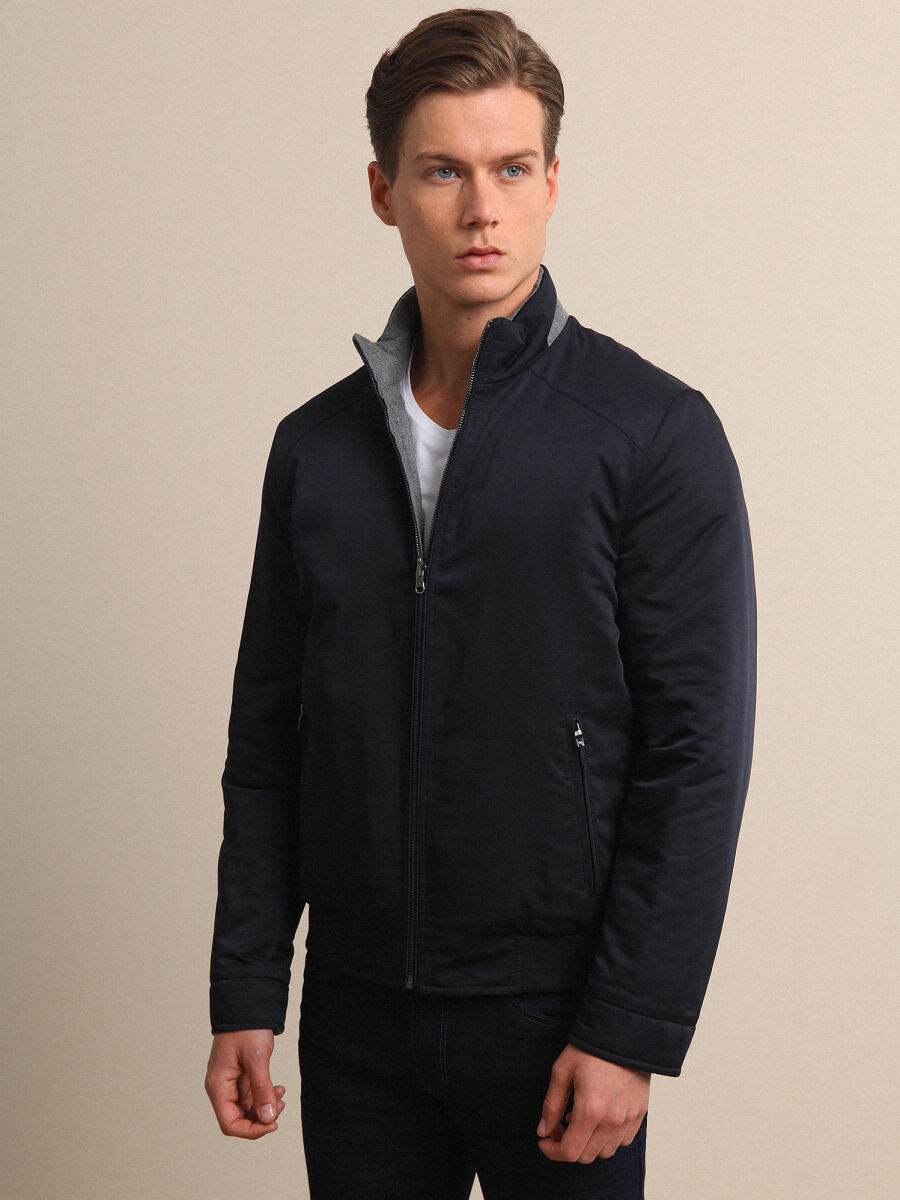 Navy Blue Regular Fit Casual Weaving Coat - 2