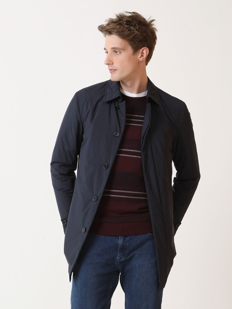 Navy Blue Regular Fit Casual Weaving Rain Coat - 1