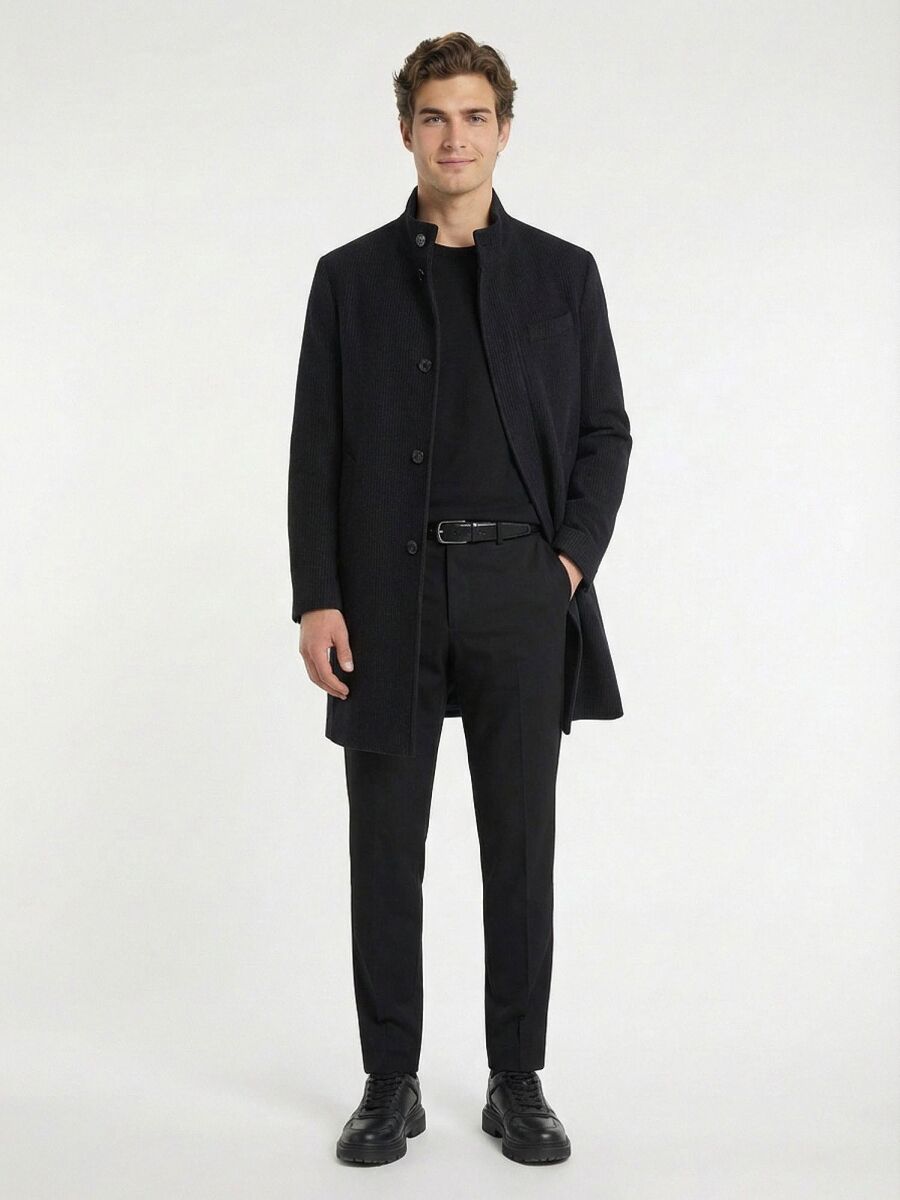 Navy Blue Regular Fit Classical Weaving Overcoat - 1