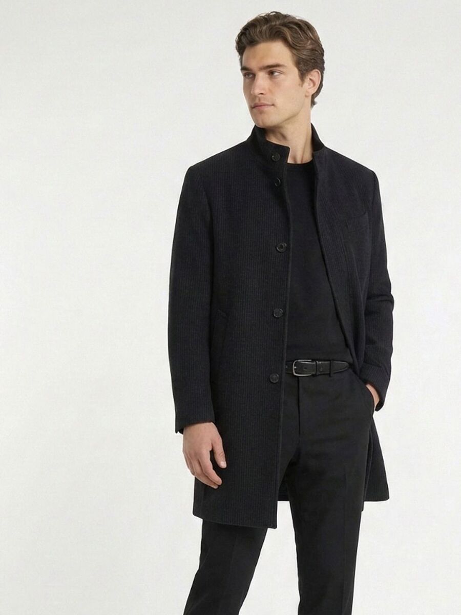 Navy Blue Regular Fit Classical Weaving Overcoat - 2