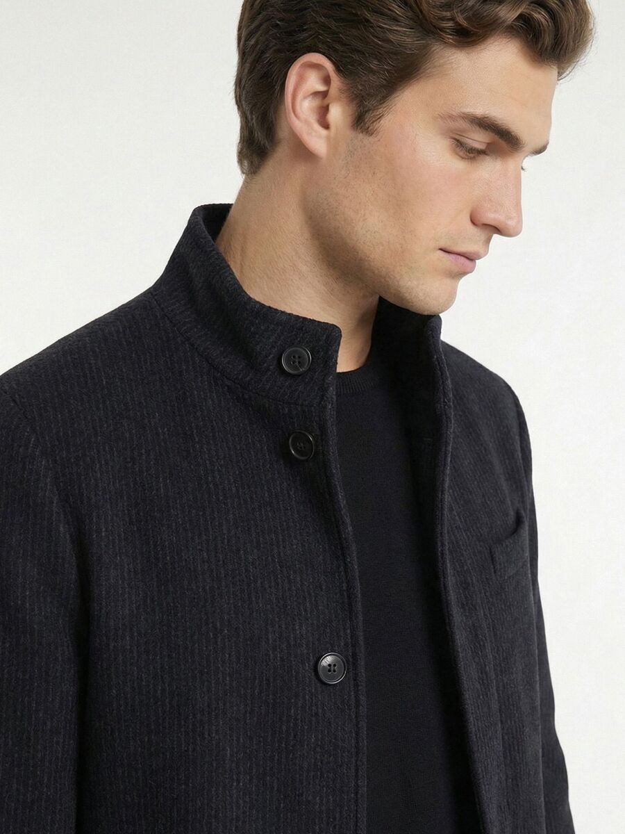 Navy Blue Regular Fit Classical Weaving Overcoat - 4