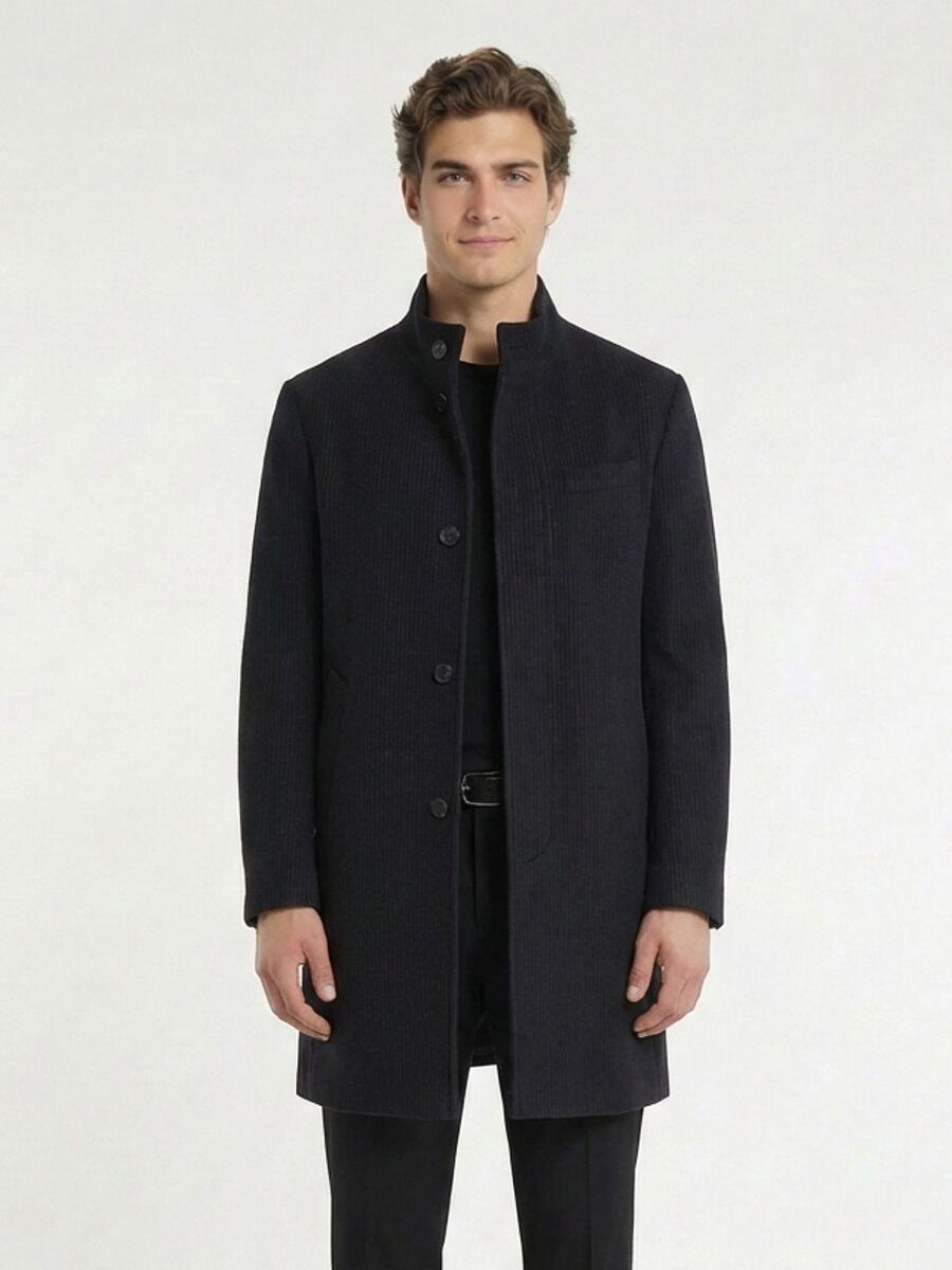 Navy Blue Regular Fit Classical Weaving Overcoat - 3