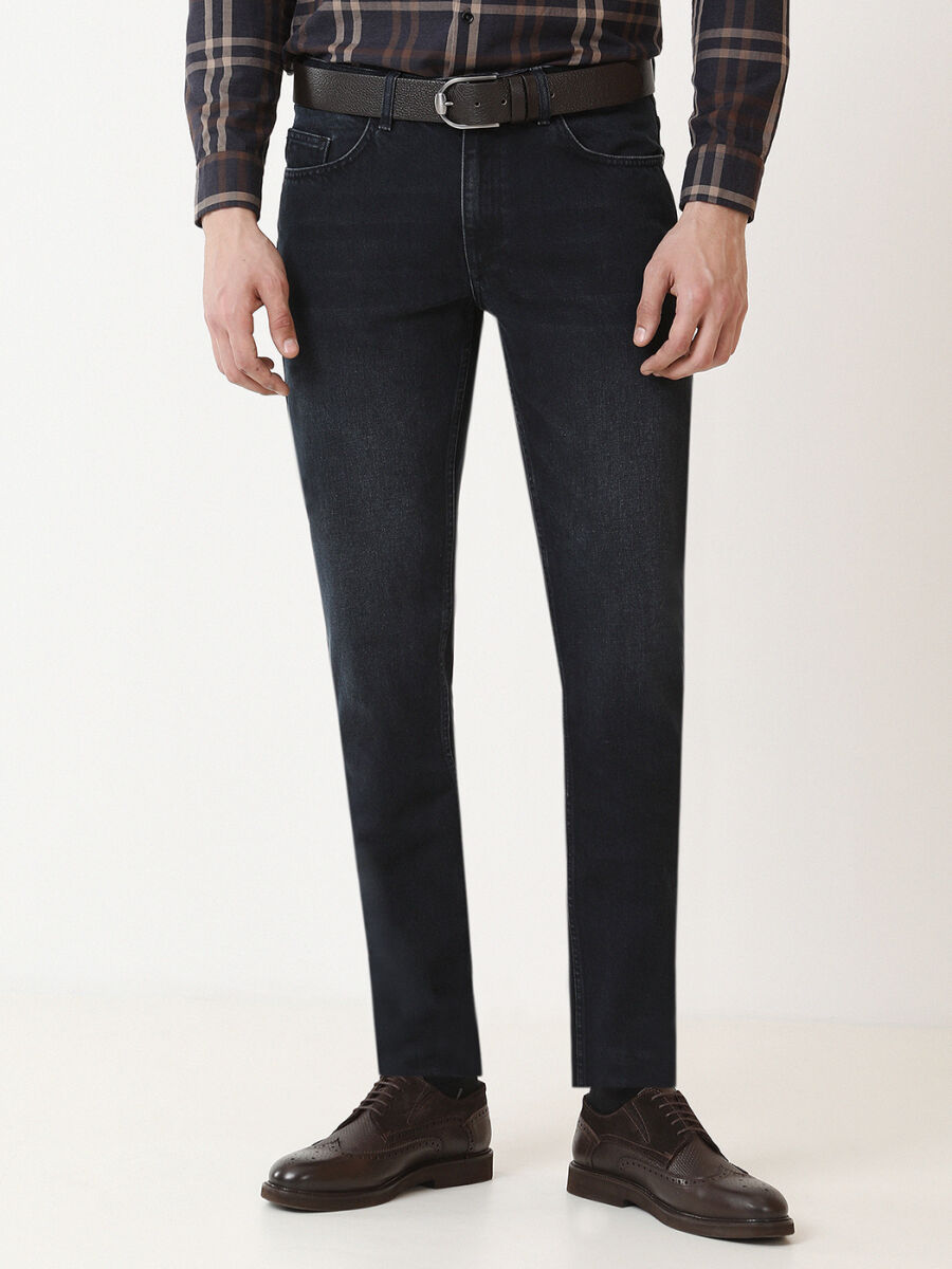 Navy Blue Regular Fit Denim Cotton Blended Trousers - 1