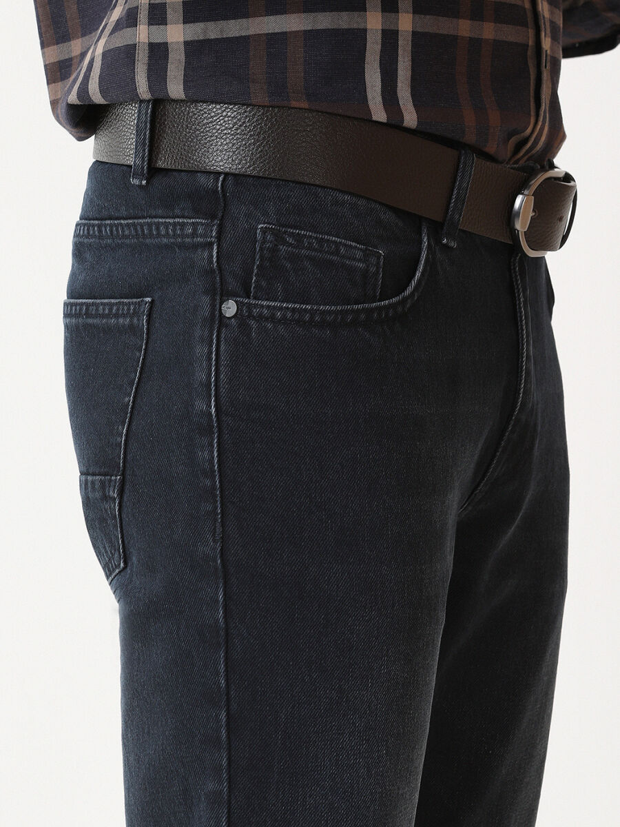 Navy Blue Regular Fit Denim Cotton Blended Trousers - 2