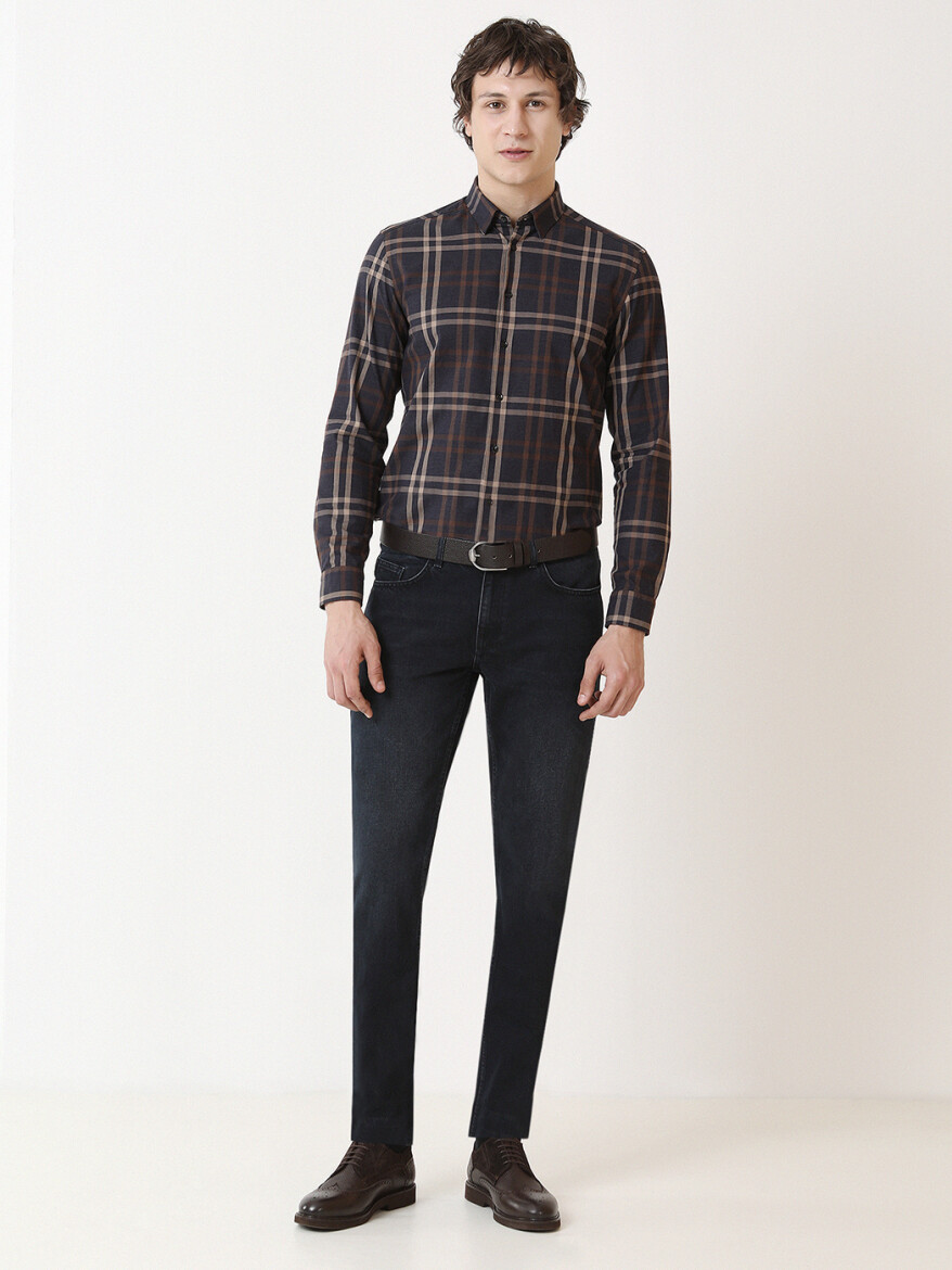 Navy Blue Regular Fit Denim Cotton Blended Trousers - 3