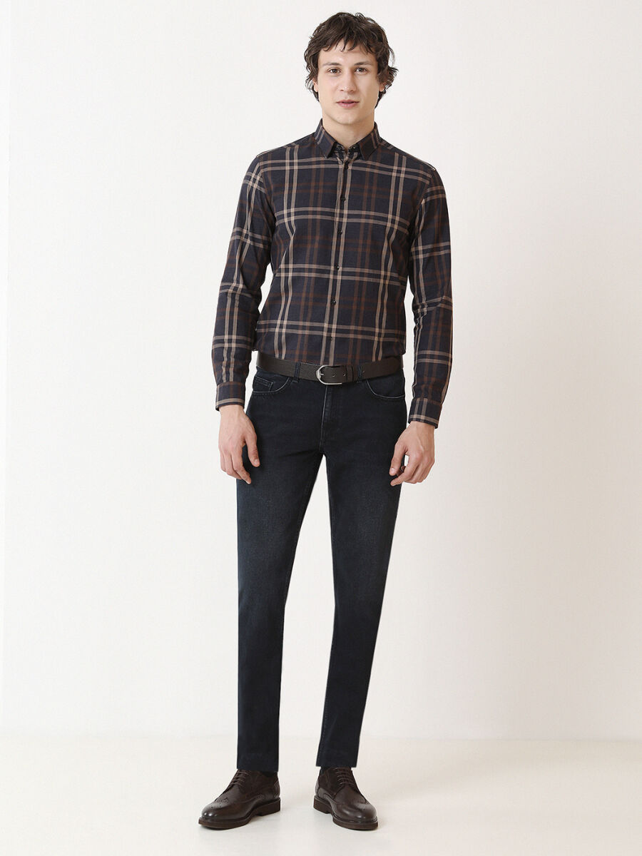 Navy Blue Regular Fit Denim Cotton Blended Trousers - 3