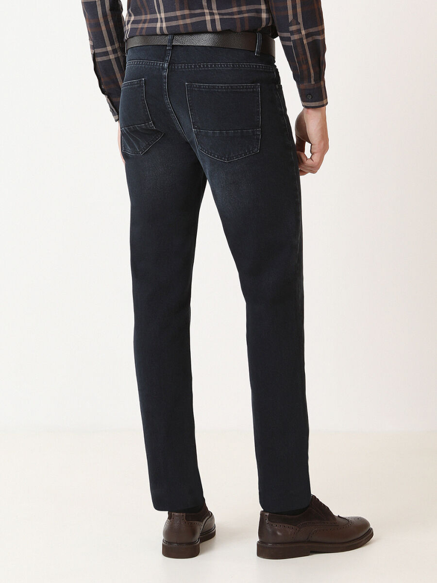 Navy Blue Regular Fit Denim Cotton Blended Trousers - 4