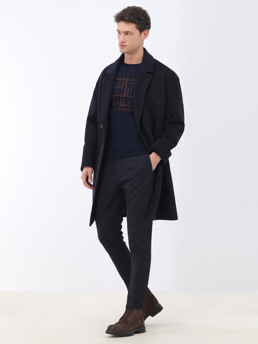 Navy Blue Regular Fit Double Breasted Collar Casual Knitting Overcoat - 2