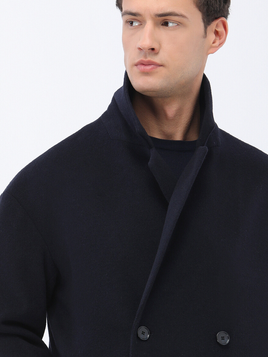 Navy Blue Regular Fit Double Breasted Collar Casual Knitting Overcoat - 3