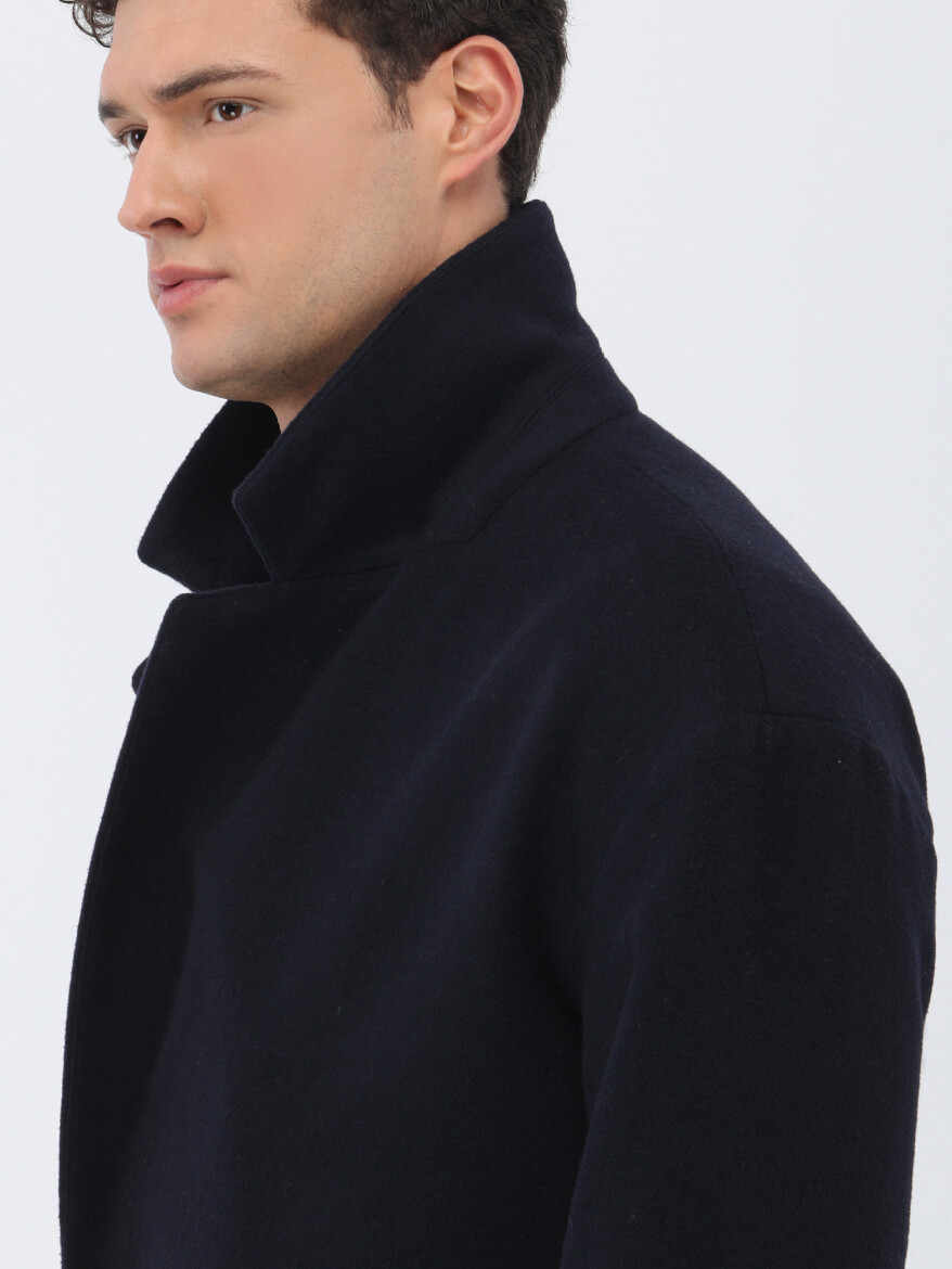 Navy Blue Regular Fit Double Breasted Collar Casual Knitting Overcoat - 4