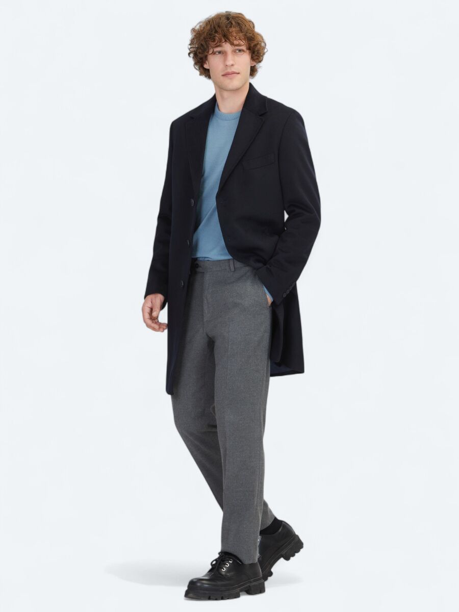 Navy Blue Regular Fit Double Breasted Collar Casual Weaving Overcoat - 2