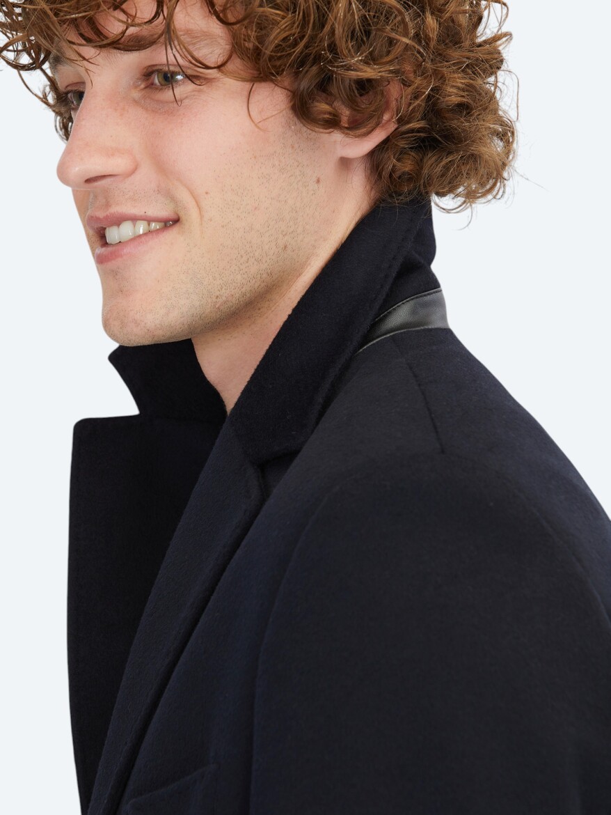 Navy Blue Regular Fit Double Breasted Collar Casual Weaving Overcoat - 5