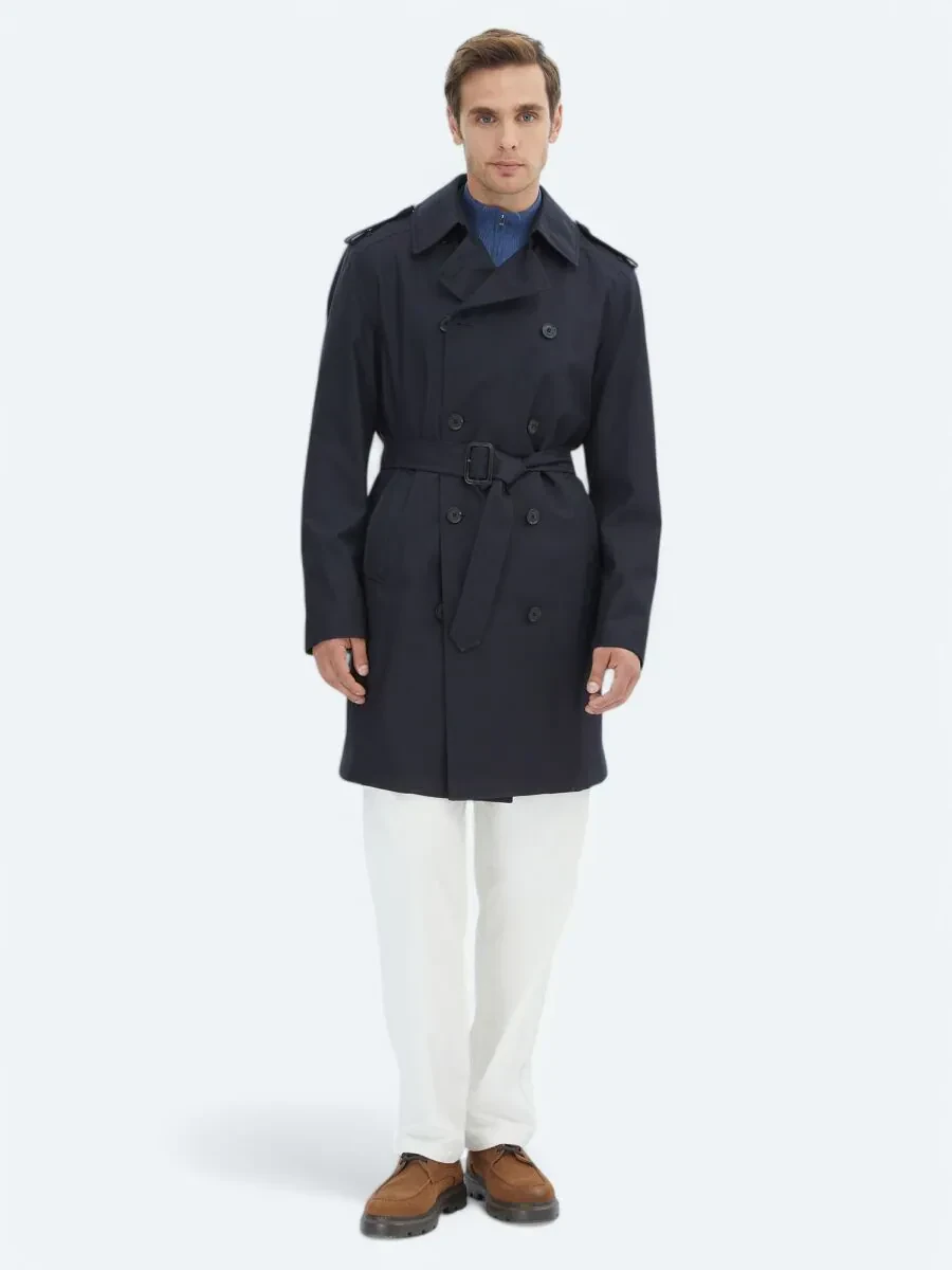 Navy Blue Regular Fit Double Breasted Collar Casual Weaving Rain Coat - 2
