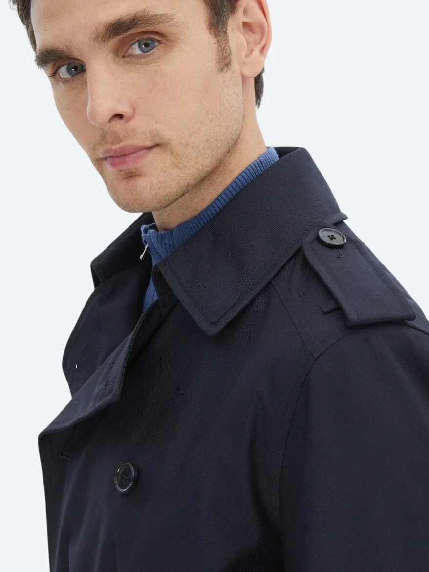 Navy Blue Regular Fit Double Breasted Collar Casual Weaving Rain Coat - 6