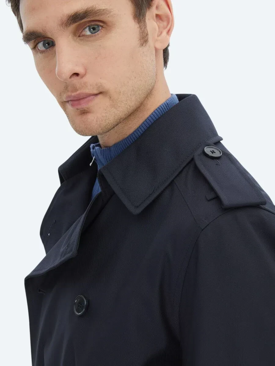 Navy Blue Regular Fit Double Breasted Collar Casual Weaving Rain Coat - 6