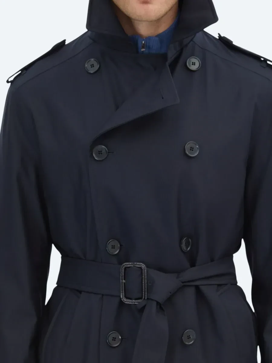 Navy Blue Regular Fit Double Breasted Collar Casual Weaving Rain Coat - 7