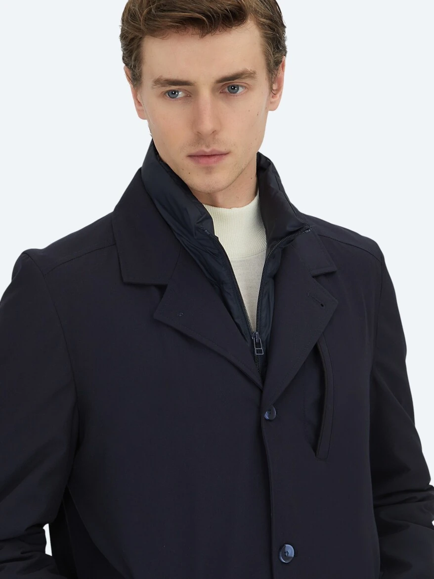 Navy Blue Regular Fit Double Breasted Collar Casual Weaving Rain Coat - 5