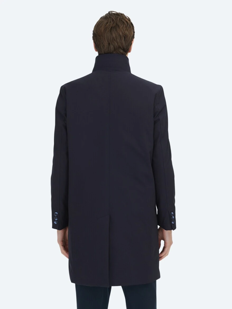 Navy Blue Regular Fit Double Breasted Collar Casual Weaving Rain Coat - 6