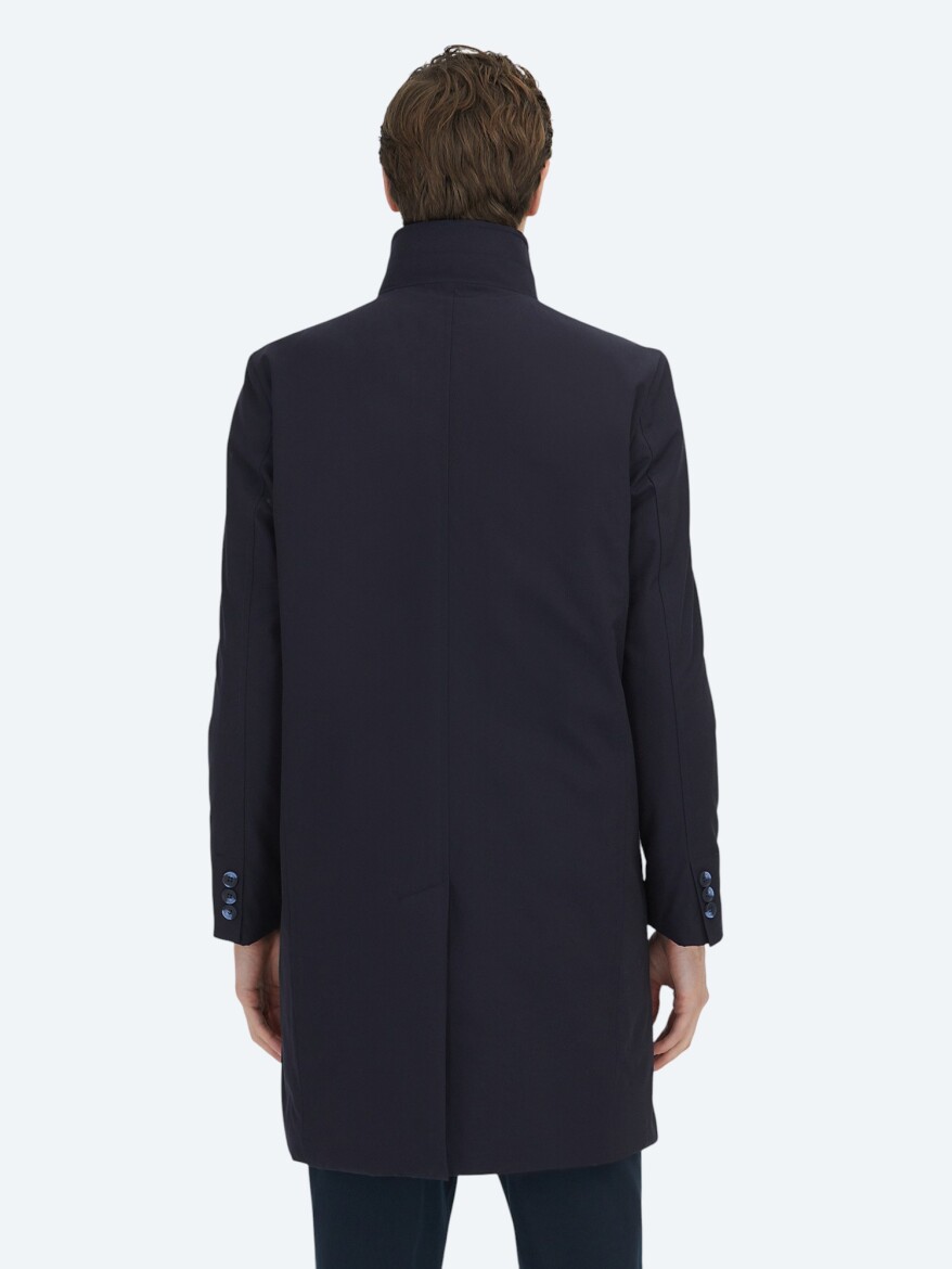 Navy Blue Regular Fit Double Breasted Collar Casual Weaving Rain Coat - 6