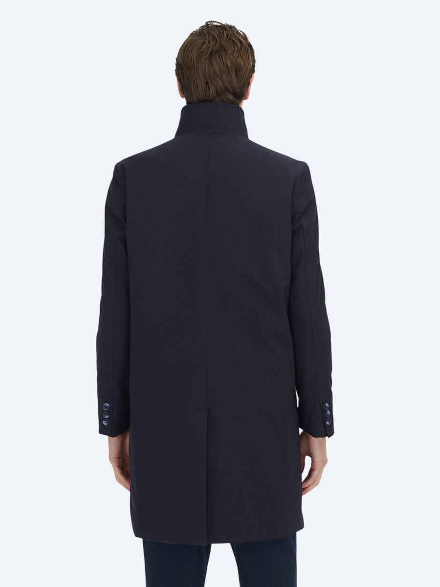 Navy Blue Regular Fit Double Breasted Collar Casual Weaving Rain Coat - 6