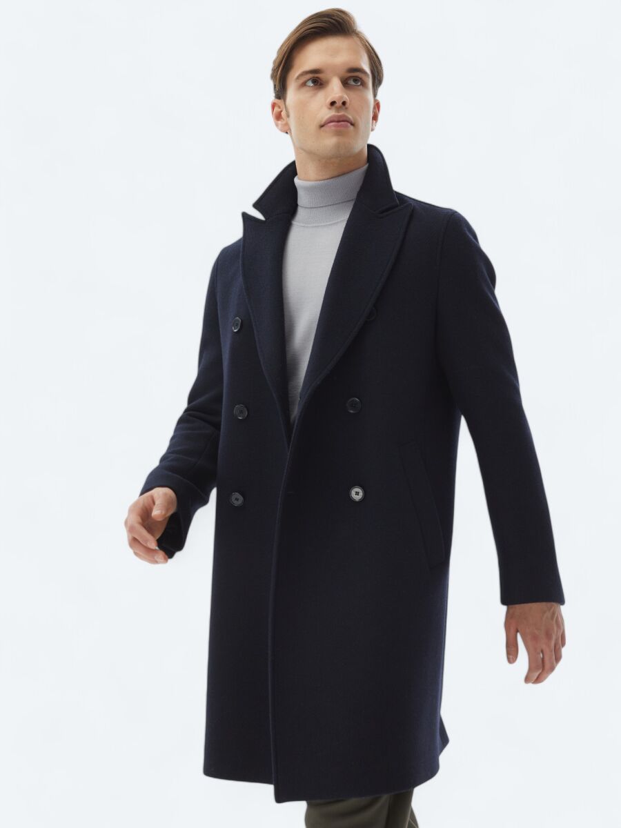 Navy Blue Regular Fit Double Breasted Collar Classical Weaving Overcoat - 1