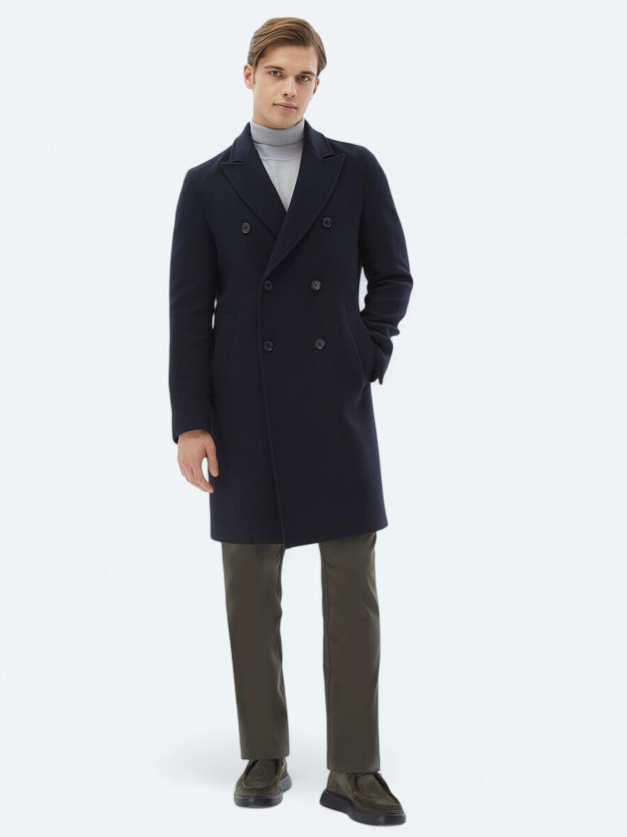 Navy Blue Regular Fit Double Breasted Collar Classical Weaving Overcoat - 2