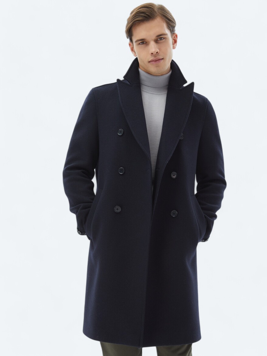 Navy Blue Regular Fit Double Breasted Collar Classical Weaving Overcoat - 3