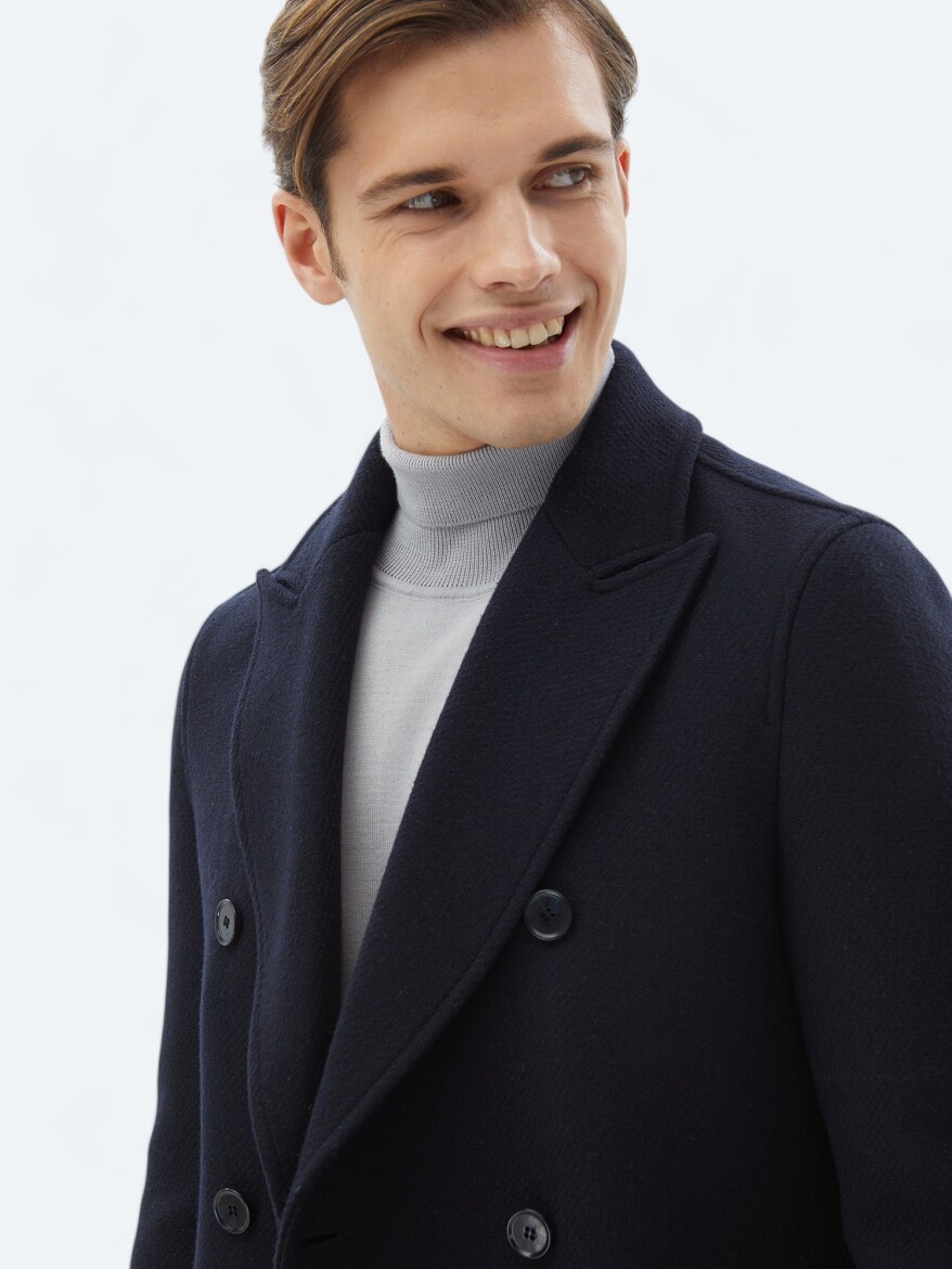 Navy Blue Regular Fit Double Breasted Collar Classical Weaving Overcoat - 4